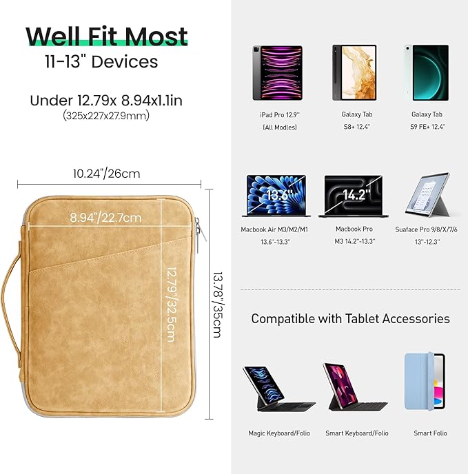 DTTO Tablet Sleeve Bag for New 13 Inch iPad Pro M4/iPad Air M2 2024, 12.9 Inch iPad Pro 6/5/4/3, 12.4 Inch Galaxy Tab S8+/S9+/S9 FE+, Surface Pro 9/8, Waterproof Travel for iPad Case Bag, Apricot