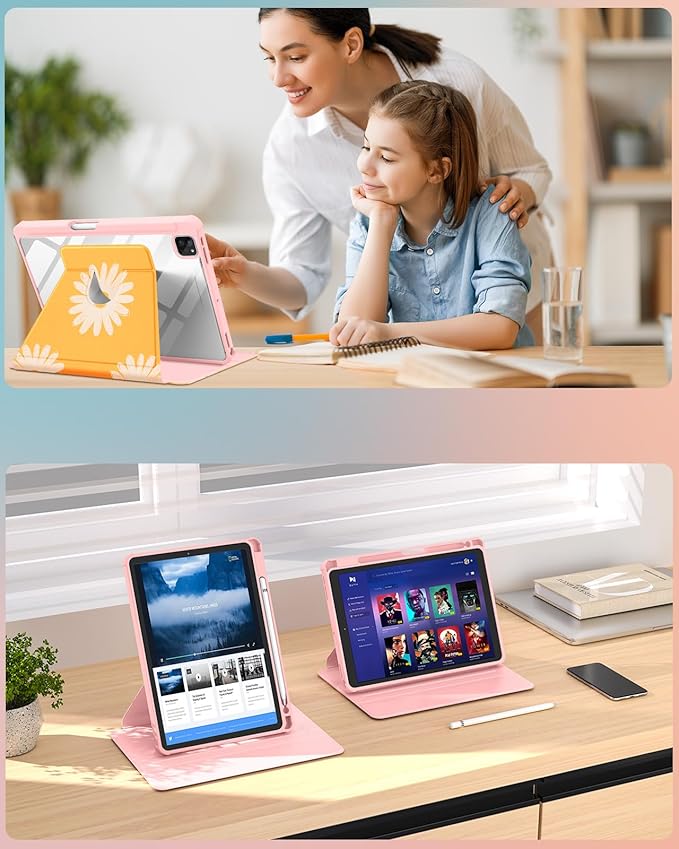 Uppuppy for iPad Pro 12.9 Case Folio Cover with Pencil Holder Girls Women Cute Kids Girly Flower Pretty Floral Kawaii Yellow Rotating Stand for Apple iPad Pro 12.9 Inch Cases 2022/2021/2020/2018
