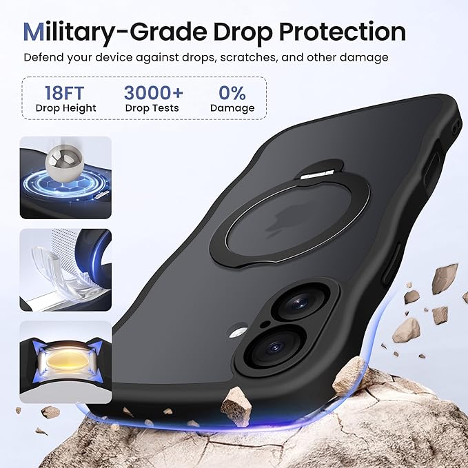 CAPRARO for iPhone 16 Case with 360° Spin Magnetic Stand for Women, [Compatible with MagSafe] [Full Camera Protection] Cute Wave Translucent Matte Case for iPhone 16, Black