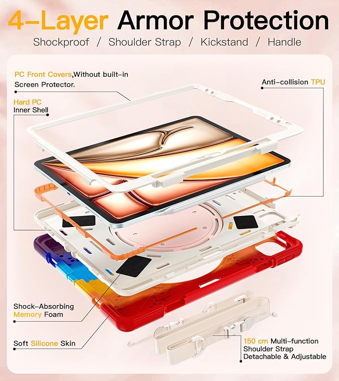 BRAECN for iPad Air 13 Case M4 2026/M3 2025/M2 2024, iPad Pro 12.9 (6th/5th/4th/3rd Gen), Heavy Duty Shockproof Cover with Pencil Holder, Rotating Handle Grip, Kickstand, Shoulder Strap, Colorful Red