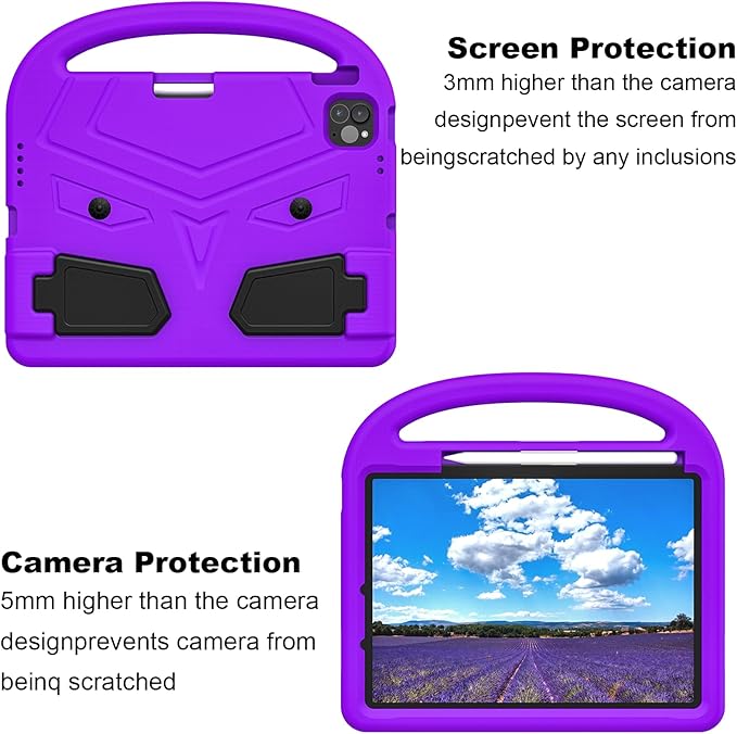 Kids Case for Apple iPad Air 11 inch M3/M2 & iPad Pro 11 inch M5/M4 (2025/2024) with Pencil Holder/Handle/Kickstand Lightweight Soft EVA Foam Shockproof Stand Girls Boys Cover, Purple Bird
