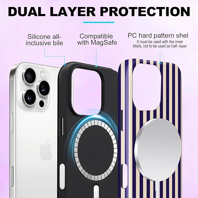 Magnetic for iPhone 14 Pro Case Cute Stripes Phone Case, Shockproof Slim TPU and Hard PC Protective Phone Cover Compatible with MagSafe Designed for Women Girls, Deep Purple