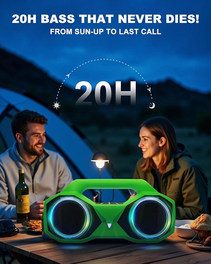 OZJ Bluetooth Speaker 80W(Peak) Loud with Bass, 20H Playtime, IPX7 Waterproof, RGB Lights, TWS, Large Portable Wireless Speakers for Outdoor, Home, Party, Pool, Beach, Tailgating, Gym, Work (Green)
