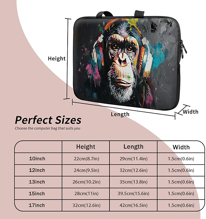 Universal Laptop Sleeve Tablet Case 12 inch, Music Monkey Slim Carrying Case Durable Handbag Travel Laptop Bag for Surface Pro 9 8 7/Laptop Go 2 3, MacBook Air 11/12