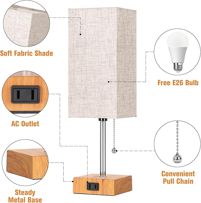 PLMMY Bedside Table Lamps for Bedroom Nightstand, Bedroom Lamp with 3 Color Temperatures Nightstand Lamps Set of 2 with AC Outlets, Square Pull Chain Bedside Lamp for Living Room, Home Decor