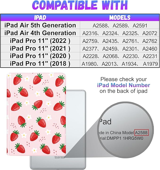Uppuppy for iPad Air 11 inch (M2/M3) Case, Air 5th/4th Generation 10.9, Pro 11'' Case Cute Kids Women Girls Girly Strawberry Pencil Holder Cover for iPad Air 11 2024/2025, 10.9 2022 2020, Pro 11