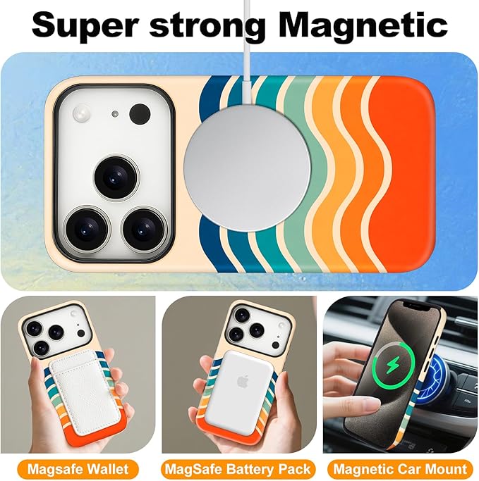 Magnetic for iPhone 17 Pro Case Cute Stripes Phone Case, Shockproof Slim TPU and Hard PC Protective Phone Cover Compatible with MagSafe Designed for Women Girls,Retro Wave