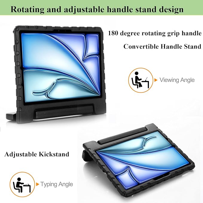 Kids Case for iPad Pro 11 inch M5/M4 (2025/2024) with Pencil Holder/Convertible Handle Stand Shockproof Slim Lightweight Cute Soft EVA Heavy Duty Rugged Kickstand Cover for Children, Black