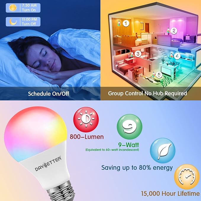DAYBETTER Smart Light Bulbs, Alexa Light Bulb, WiFi Light Bulbs, RGBCW Color Changing Light Bulb A19 9W 800LM, Smart Bulbs That Work with Alexa & Google Assistant, Music Sync, No Hub Required, 12 Pack