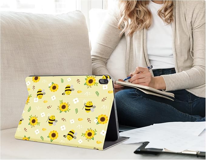 iPad Air 11 Inch Case M3/M2 (2025/2024), Case for iPad Air 5th/4th Generation 2022/2020 Women Girls Multi-Angle Adjustable Stand Soft PU Leather Shockproof Back Cover Auto Wake/Sleep, Flower Bee