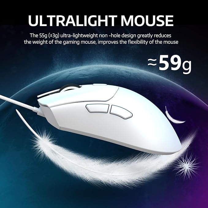 ATTACK SHARK R1 Wireless Gaming Mouse,Tri-Mode Connection (2.4G/Wired/BT5.2),55g Lightweight,18K DPI Optical Sensor,HUYU 20 Million Key Life,Ergonomic Design,for PC/Laptop/Win/Mac(White)
