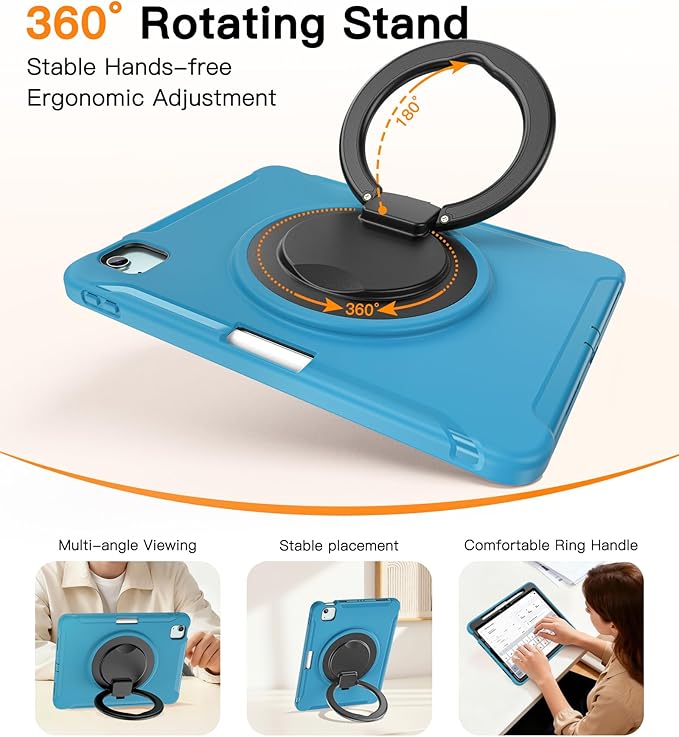 BATYUE Shockproof Case for iPad Air 11" M2/M3/M4, Air 4/5 10.9", iPad Pro 11" 1st-4th Gen 2018-2022 | 360° Multi-Angle Stand (Portrait & Landscape) & Grip, Built-in Pencil Holder, Lake Blue