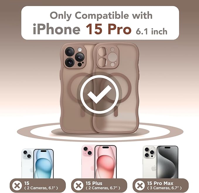 CAPRARO Cute for iPhone 15 Pro Case, Compatible with MagSafe, [Curly Wave Edge] [Full Camera Protection] [14 FT Drop Protection] Magnetic Phone Case for 15 Pro 6.1 Inch, Brown