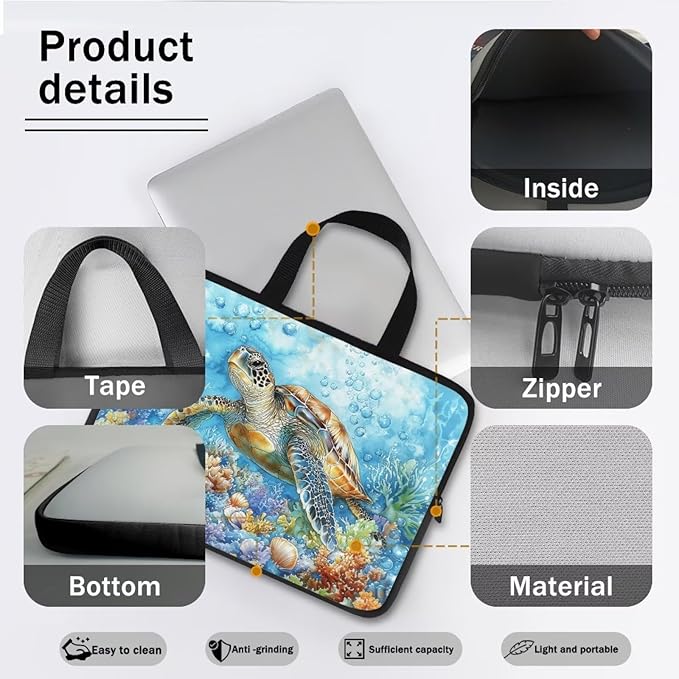 13 Inch Turtle Pattern Laptop Sleeve, Laptop Cover Computer Tablet Carrying Case with Handle, Lightweight Waterproof Tote Bags Notebook Sleeves for Men Women