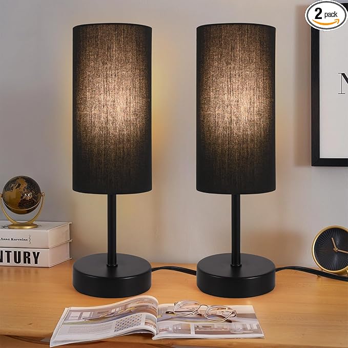 RISLG 2 Pack Table Lamp for Bedroom, Bedside Lamps for Nightstand with Wire Switch, Minimalist Desk Lamps with Linen Fabric Shade for Kids Room Living Room Office Dorm, Bulb Included
