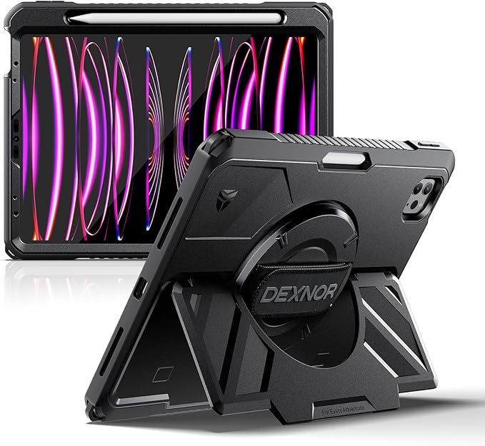 Dexnor Case for iPad Pro 11 inch 4th/3rd/2nd/1st Gen (2022/2021/2020/2018),Rugged Protective Case with 360° Rotating Hand Strap & Stand & Screen Protector & Pencil Holder Shockproof Bumper Cover,Black