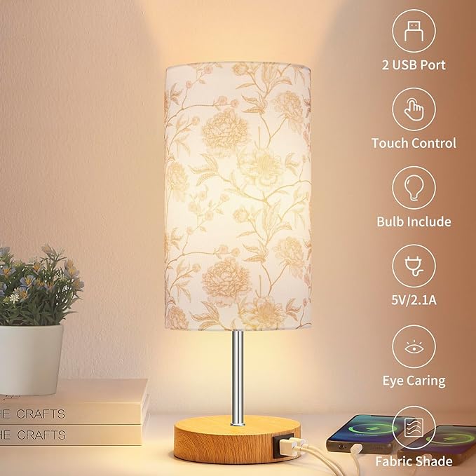 Lolikit Bedside Touch Lamp, Wood Small Table lamp with 2 USB Charging Ports & Flower Fabric Shade, 3-Way Dimmable Nightstand Lamps for Living Room Bedroom Office Reading Desk Home Dorm Pink