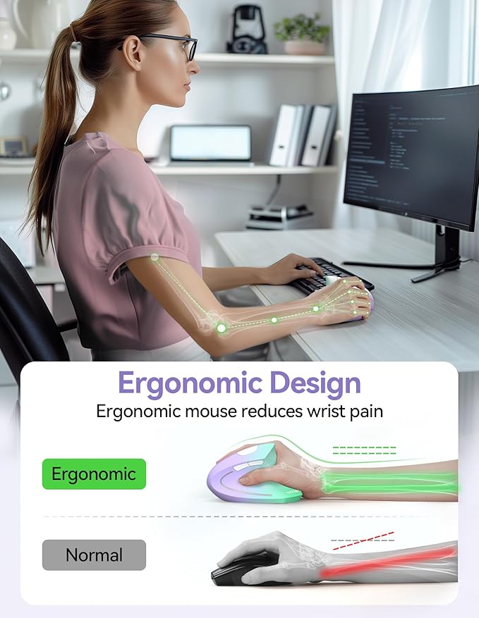 TECKNET Ergonomic Mouse, Wireless Rechargeable Vertical Mouse for Carpal Tunnel Right Hand, 4800 DPI 5 Adjustable Levels 2.4GHz with USB-A Receiver, Silent Click, for Laptop, PC, MacBook, Desktop