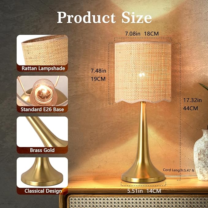 Ziqqeelam Gold Rattan Table Lamp for Bedroom, Brass Cute Wicker Lamps for Bedside Nightstand, Small Table Shape Lamps for Small Spaces for Kitchen Counter, Home Office, Living Room, Kids Dorm