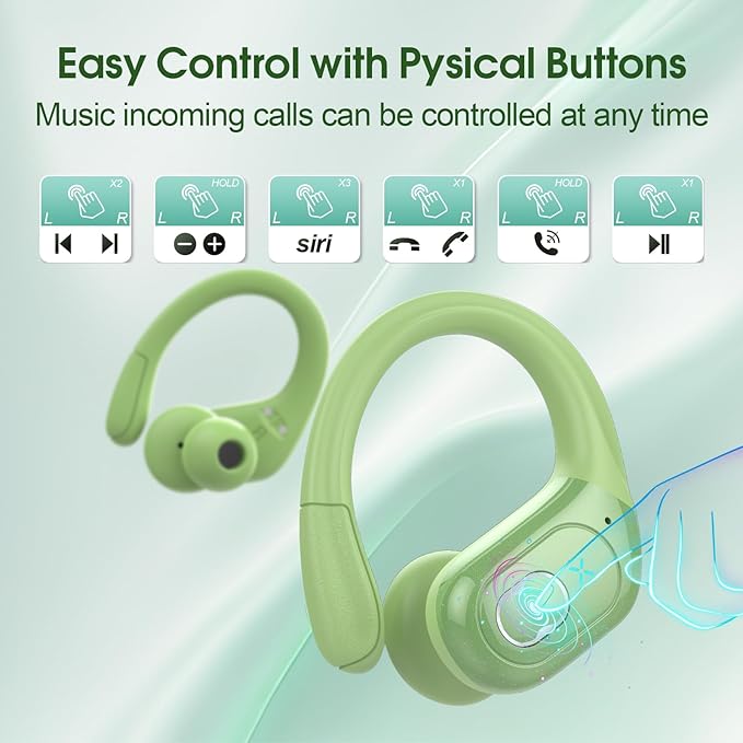Wireless Earbuds 75hrs Bluetooth 5.4 Headphone Sport, 2026 Bluetooth Earbuds Stereo Deep Bass Over Ear Bud with Earhooks, ENC Noise Cancelling Mic, IPX7 Waterproof Earphone for Gym/Workout, Green
