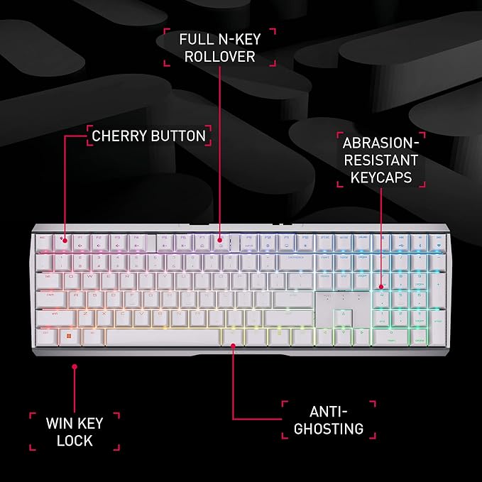 Cherry MX 3.0S Wireless Mechanical Gaming Keyboard. Aluminum Housing Built for Gamers w/MX Brown or Red Switches. RGB Backlit Color Display Over 16m Colors. (White w/MX Red Switches)