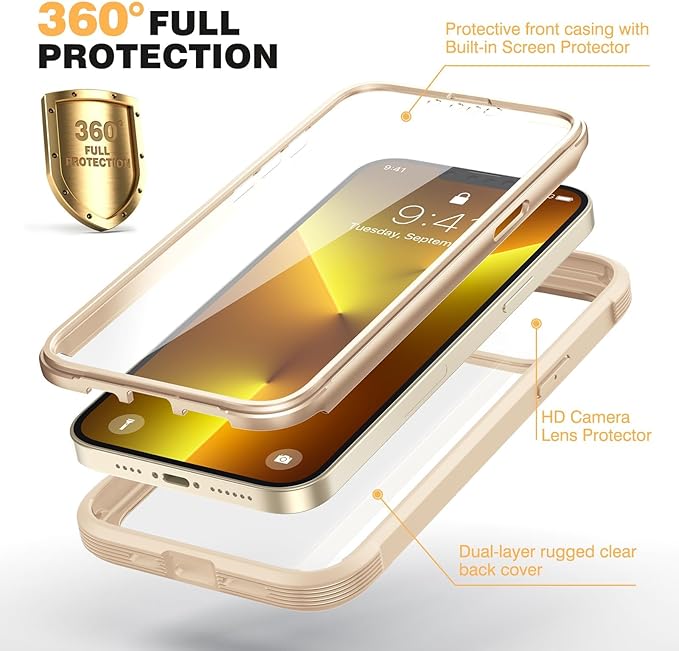 Diaclara for iPhone 13 Pro Max Case, Full Body Rugged with Built-in Touch Sensitive Anti-Scratch Screen Protector, Soft TPU Bumper Case for iPhone 13 Pro Max Case 6.7", Gold