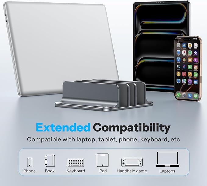 OMOTON Vertical Laptop Stand [Updated 3-Slots Version], Desktop Aluminum Mac Book Stand with Adjustable Dock Size, Fits All Mac Book, Surface, Chrome Book and Gaming Laptops (Up to 17.3 inch), Grey