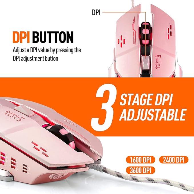 Guiheng Wired Gaming Mouse, Optical USB Mice for Laptop/Desktop, 1200 to 3600 and RGB Light, Ergonomic with 6 Programmable Buttons for Computer Windows 7/8/10/XP Vista Linux Chromebook PC(Pink)