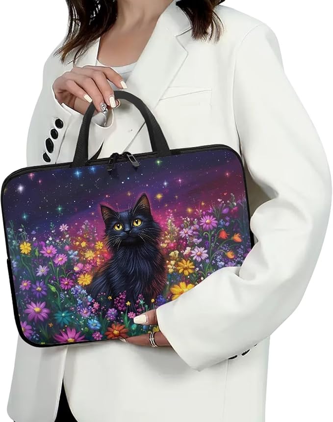 Galaxy Floral Laptop Handle Bag for Women 12 Inch Computer Protect Case Pouch Holder Black Cat Notebook Sleeve Neoprene Cover Soft Carrying Travel for 10-17 Inch Chromebook