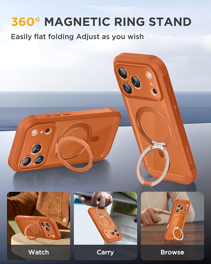 Miracase for iPhone 17 Pro Case with 360 Spin Magnetic Stand, Full-Body Phone Case with Built-in Glass Screen Protector & Camera Control, Drop Proof iPhone 17 Pro Cover, Orange