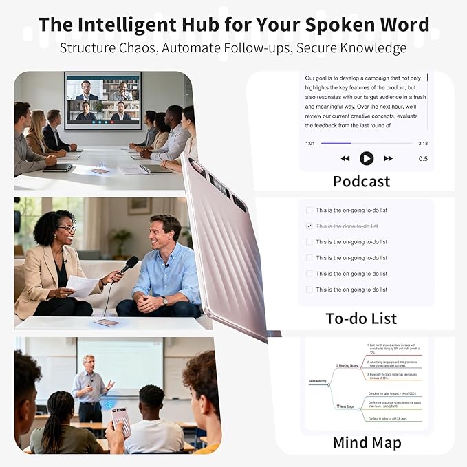 AI Voice Recorder, Professional Voice Activated Recorder with AI Transcription & Summarize, 64GB Storage, 30H Battery, Noise Cancellation and AI Note Taker for Meetings and Interviews & calls