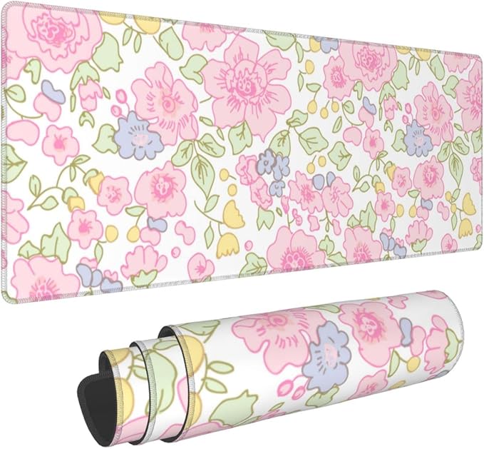 Cute Flowers Pink Floral Gaming Mouse Pad Large XL Desk Mat Long Extended Pads Big Mousepad for Home Office Decor Accessories 31.5 X 11.8 Inch