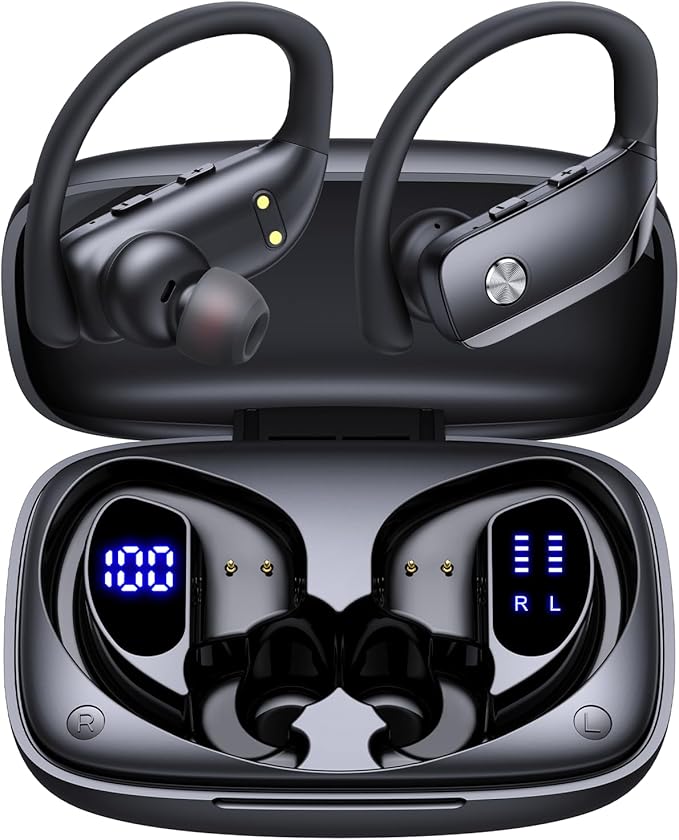 bmanl Wireless Earbuds Bluetooth Headphones Over Ear Hooks Ear Buds with 80H Playtime, LED Power Display, Dual Mic Clear Calls, Sports Wireless Ear Buds Bluetooth Earbuds for Running Gym Workout Black