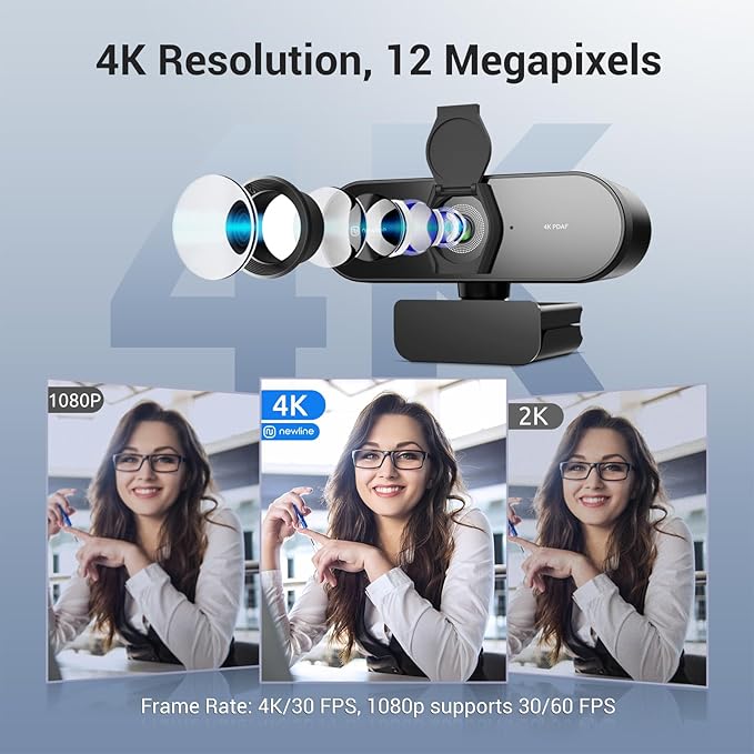 N newline 4K Webcam for PC with PDAF Autofocus, Privacy Cover, Dual Microphones, 4K@30FPS & 1080P@60FPS, Auto Light Correction, Plug & Play USB Camera for Laptop, Mac & Desktop, Streaming