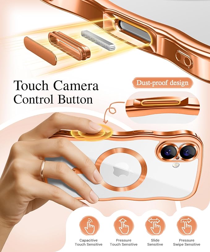 GVIEWIN for iPhone 17 Case Compatible with MagSafe, Upgraded [Full Camera Protection][Cute Wave Frame][Military Grade Protection] Electroplated Hard Phone Cover for Women Girl, Clear/Orange