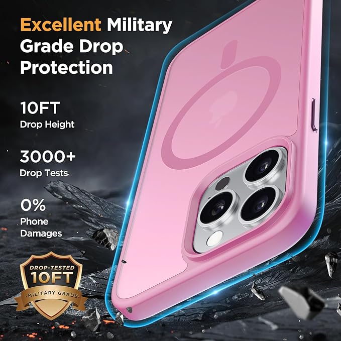 Miracase Magnetic for iPhone 15 Pro Case 6.1 inch (Compatible with MagSafe)（with 2X Screen Protectors）Military-Grade Protection, Anti-Fingerprint Translucent Matte Phone Cover, Mes Pink