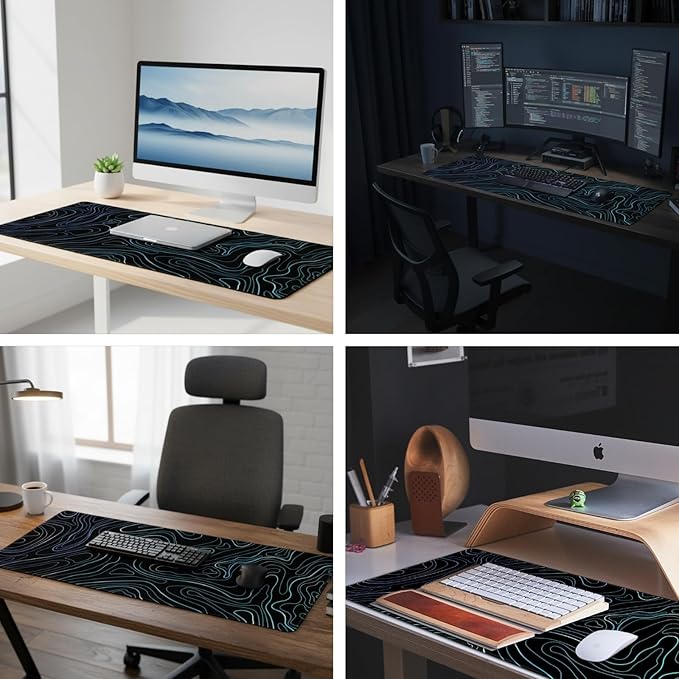 Topographic XXL Mouse Pad (47.2x23.6 Inch), Giant Gaming Desk Mat with Stitched Edges, Waterproof Non-Slip Full Desk Pad, Aesthetic Blue Line Art Decor