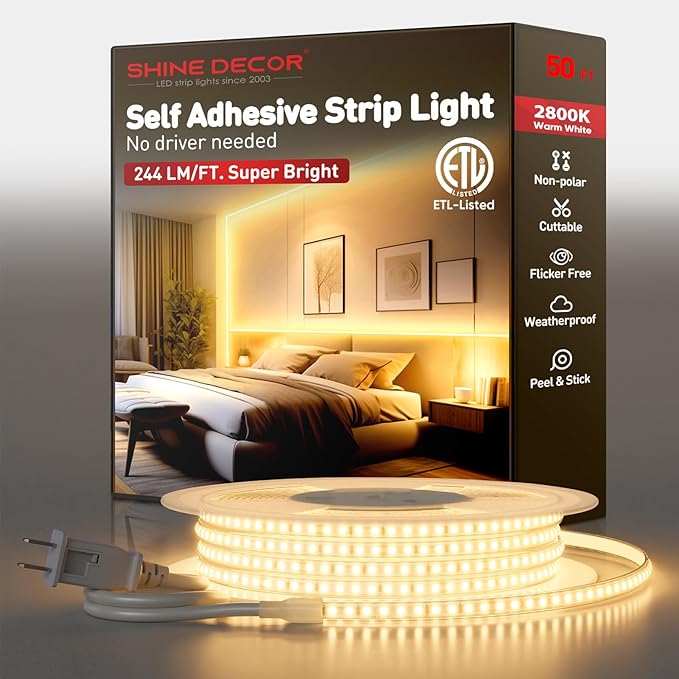 Shine Decor LED Strip Light Super Bright 12000LM, Plug&Play 120V Driverless Easy Wiring, Flicker Free Weatherproof for Outdoor Indoor, Min. 3.9” Cuttable Stickable, 2800K Warm White 50FT ETL Listed
