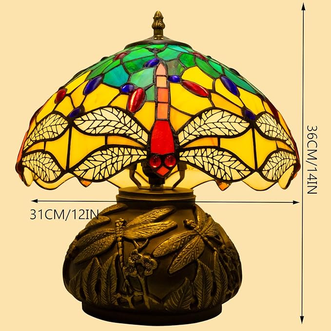 Tiffany Lamp,12 inch Stained Glass Lamp,Dragonfly Tiffany Style Table Lamp Included E26 LED with Remote Control for Bedside,Living Room,Dining Table,Antique Office(Blue Leaf)