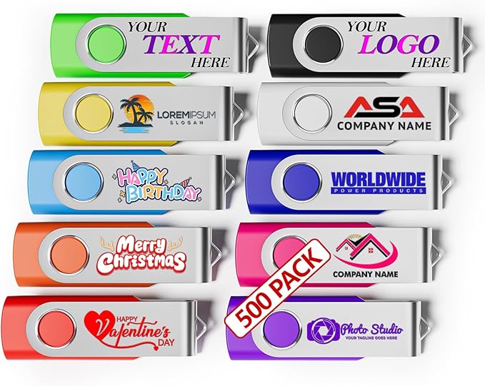 Custom USB 3.0 Personalized Flash Drive 8GB, 500Pcs High-Speed Memory Sticks with Printed Logo/Text, Bulk Promotional Thumb Drives for Company AD/Education/Wedding/Corporate Events