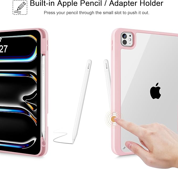 May Chen for iPad Pro 13 Inch Case M5 2025 / M4 2024, Built Pencil Holder & Clear Transparent Print Back Shell Slim Stand Shockproof Tablet Cover, Auto Wake/Sleep, Pink Stripes