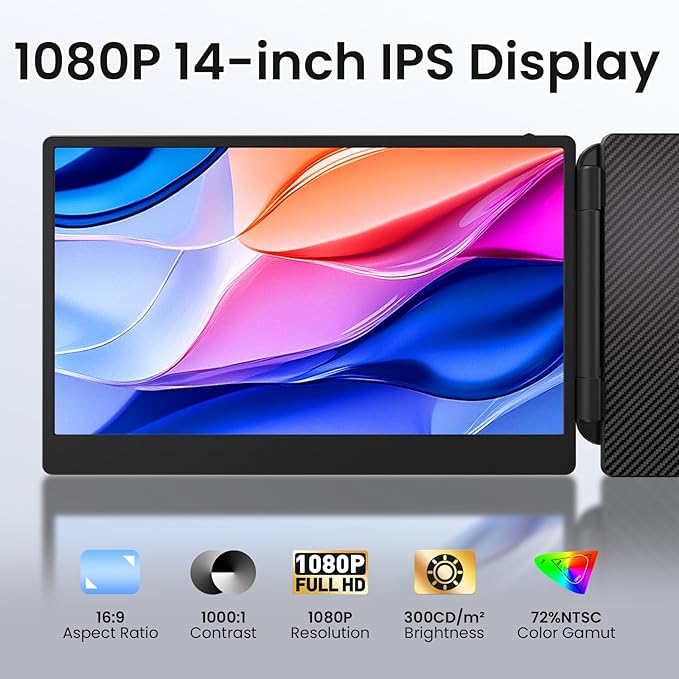 14" Triple Laptop Screen Extender - FHD 1080P Portable Monitor Work Travel Display 13-17" Laptops USB-C HDMI for Windows/Mac/Chrome