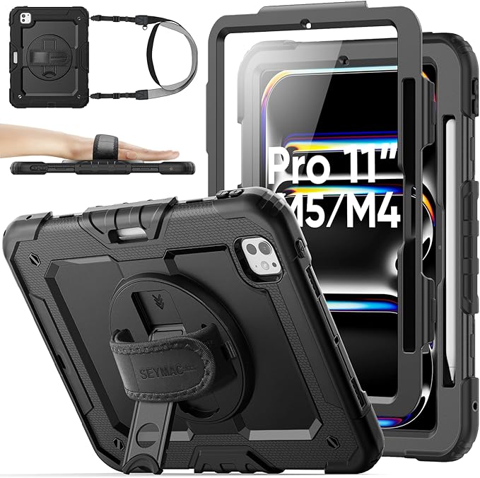 SEYMAC stock Case for iPad Pro 11-inch M5-M4 2025-2024, Shockproof Heavy Duty Case with Screen Protector, Pencil Holder, Rotating Stand, Hand Strap, Shoulder Strap, Black