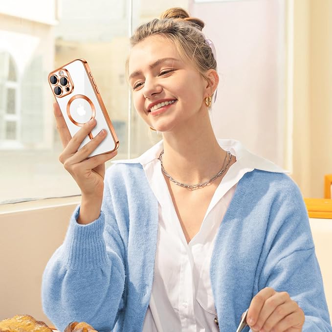 Hython Magnetic Clear for iPhone 15 Pro Max Case with Camera Lens Protector [Compatible with MagSafe] Plating Edge Slim Soft TPU Cover Protective Phone Case for iPhone 15 Pro Max 6.7", Orange