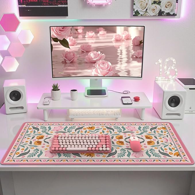 iLeadon Desk Protector Pad Mat Pink, Large Floral Mouse and Keyboard Pad with Smooth Lycra Surface, Long Full Desk Mouse Pad for Laptop, Gaming Desks Mat Cute for Office, Home (Pink)