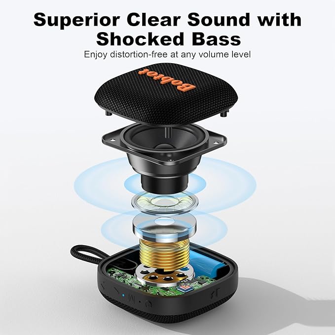 Bobtot Portable Bluetooth Speakers, Wireless IPX7 Waterproof Mini Speaker with 16H Playtime, Loud Stereo Sound, TWS, Built-in Microphone, Small Size with Lanyard, Black
