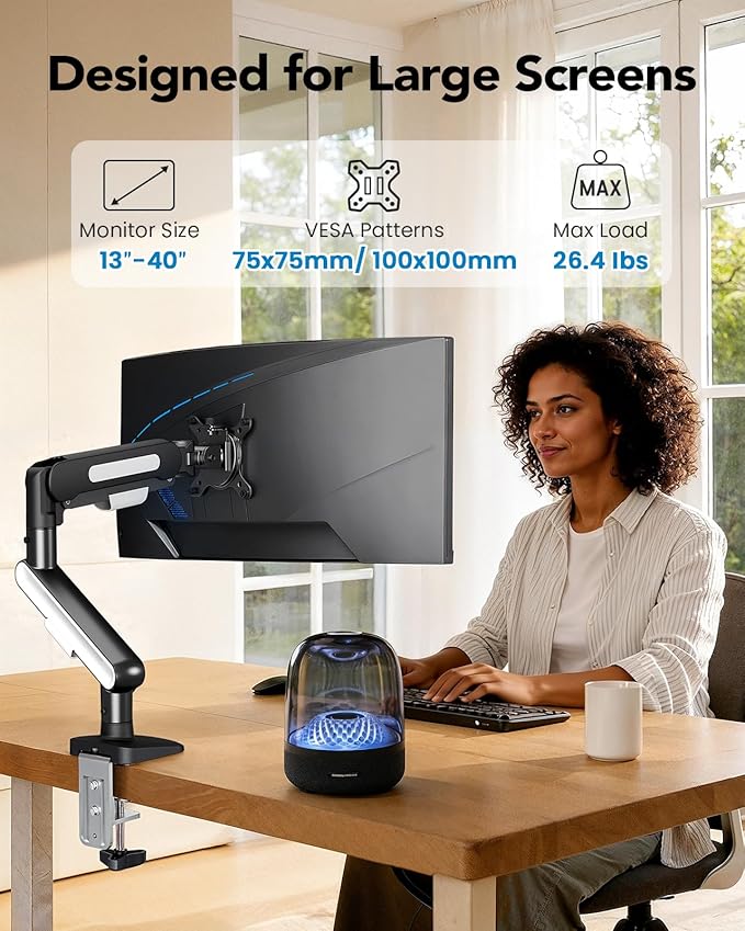HUANUO Ultrawide Monitor Arm for 13 – 40" Screens, Single Monitor Mount Holds up to 26.4lbs, Adjustable Monitor Stand with C-Clamp & Grommet Base, VESA Mount 75x75mm/100x100mm