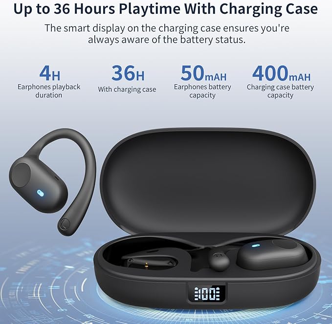 Eigsupia Open Ear Headphones, Bluetooth Headphones 5.3 Sports with Smart Digital Display, 36H Playtime, IP54 Waterproof, Wireless Earbuds Lightweight Design Fit Cycling, Running, Workout (Black)