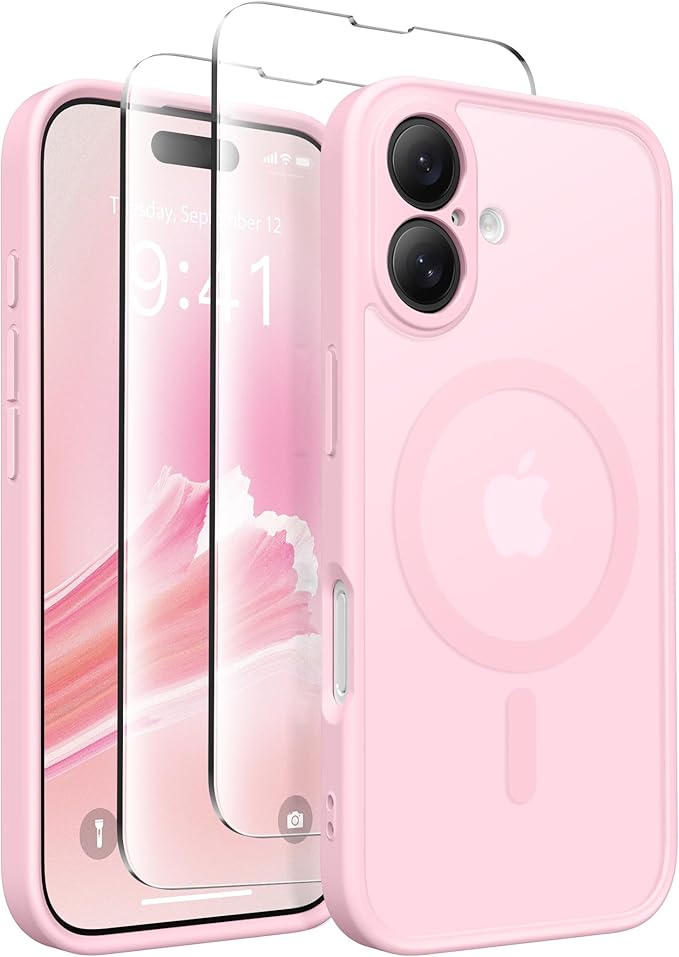 CAPRARO Magnetic Compatible with iPhone 16 Case, Upgraded [Full Camera Protection] [Compatible with MagSafe] Protective Translucent Matte Women Girl Phone Case Cover, Pastel Pink
