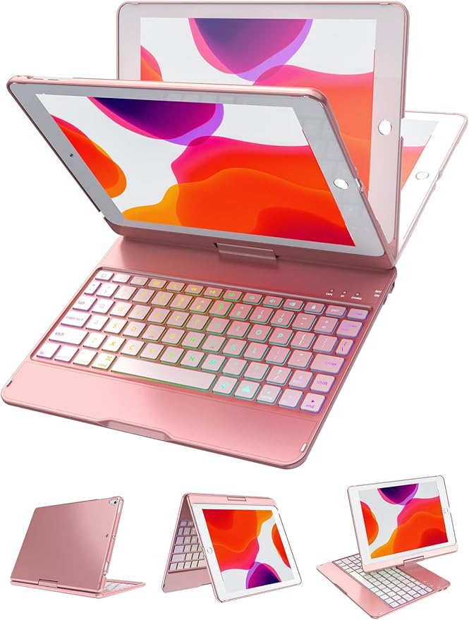 MMK for iPad 6th Generation Case with Keyboard | Compatible with iPad 5th Gen (2017) & iPad Air (1st, 2th Gen | 2013, 2014) & iPad Pro 9.7 inch (2016) | 10 Color Backlight & 360 Rotation-Rose Gold